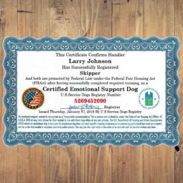 Official Certified Emotional Support Dog Certificates & Leather Presentation Folder, Customized Set of 2 Certificates Includes Handler/Dog Info PVC Card-with Registration at U S Service Dogs Registry