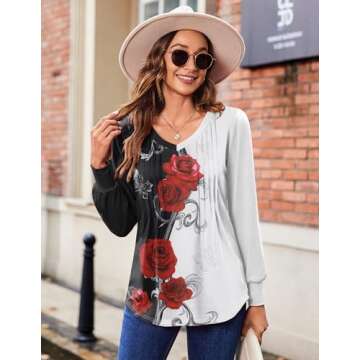 Zeagoo Women's Puff Long Sleeve Boho Shirts Casual V Neck Floral Soild Flowy Tops Pleated Loose Tunic Blouse