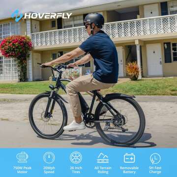 HOVERFLY OUREA Electric Bike 26", 750W Peak Motor Mountain Ebike, Up to 40 Miles 20MPH Removable Battery, 7-Speed and Shock Absorber, Electric Commuter Bike for Adults