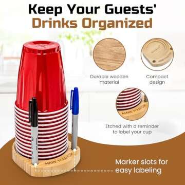 Party Cup Holder with Marker Slots | Wooden Cup Organizer | Mark Your Cup for Parties & Events | Hosting Essential by Truvalent