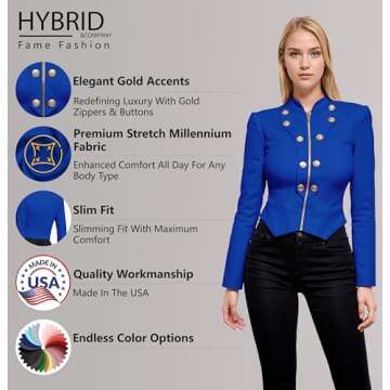 Hybrid & Company Women's Fashion Military Crop Stretch Gold Zip up Blazer Jacket KJK1125 Royal Medium