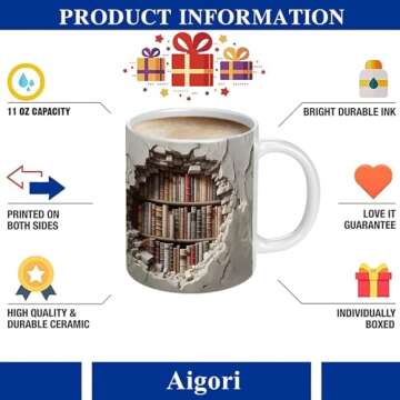 Aigori Library Bookshelf Mug, Cool Bookish Ceramic Coffee Mug, Book Lovers Gifts for Readers, Creative Book Club Mug(11oz), Novelty Gifts for Birthday Christmas Men Women Friends