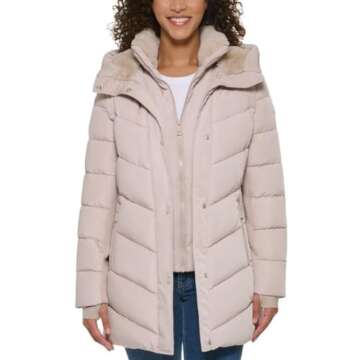 Andrew Marc Women's Mixed Media Hooded Puffer Walker Jacket (US, Alpha, X-Large, Regular, Regular, Barley)