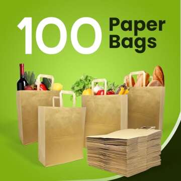 Reli. Paper Grocery Bags w/Handles (100 Pcs, Bulk)(12"x7"x14") Large Paper Grocery Bags with Handles - Heavy Duty 57 Lbs Basis - Shopping, Takeout/To Go, Retail (Brown/Kraft)