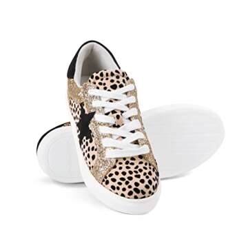 PARTY Women's Fashion Star Sneaker Lace Up Low Top Comfortable Cushioned Walking Shoes, Myles-Cheetah Glitter-6