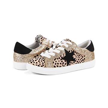 PARTY Women's Fashion Star Sneaker Lace Up Low Top Comfortable Cushioned Walking Shoes, Myles-Cheetah Glitter-6