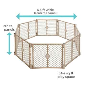 Toddleroo by North States Superyard 8 Panel Free Standing Play Yard, Indoor or Outdoor Baby Playpen, Baby Gate. Made in USA. 6.5 feet corner to corner play pen (26" Tall, Sand)