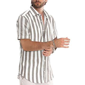 JMIERR Mens Summer Casual Stylish Short Sleeve Button-Up Shirts Cotton Linen Striped Business Dress Shirts Beach Shirt, XL, Brown and White Stripe