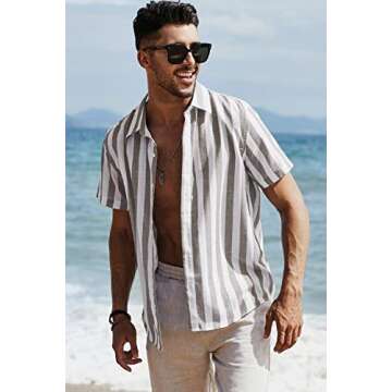 JMIERR Mens Summer Casual Stylish Short Sleeve Button-Up Shirts Cotton Linen Striped Business Dress Shirts Beach Shirt, XL, Brown and White Stripe