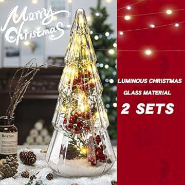 Costyleen 2PCS Christmas Ornaments Set, 15in Tower Shaped Glass Xmas Tree Artificial Berries and Pine Cone Decoration with LED Lights, Home Table Decor Festive Gift