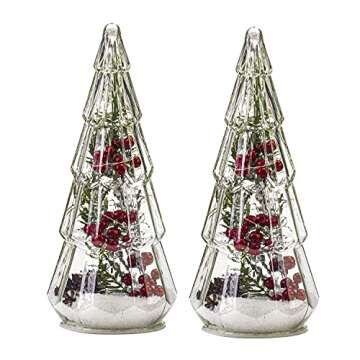 Costyleen 2PCS Christmas Ornaments Set, 15in Tower Shaped Glass Xmas Tree Artificial Berries and Pine Cone Decoration with LED Lights, Home Table Decor Festive Gift