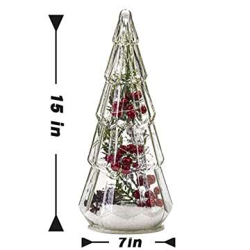 Costyleen 2PCS Christmas Ornaments Set, 15in Tower Shaped Glass Xmas Tree Artificial Berries and Pine Cone Decoration with LED Lights, Home Table Decor Festive Gift