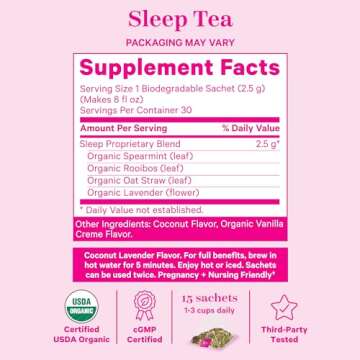 Pink Stork Organic Sleep Tea - Melatonin-Free - Calming Lavender Coconut Herbal Tea to Naturally Support Sleep - Pregnancy Friendly Bedtime Tea, Caffeine-Free - 15 Sachets, Hot or Iced