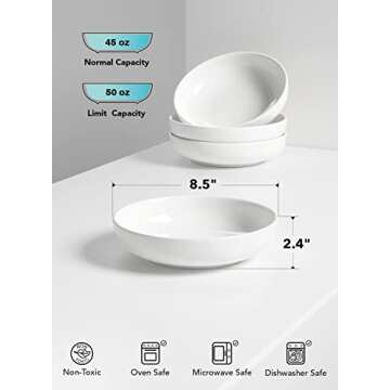 LE TAUCI Pasta Bowls 45 OZ, Salad Bowls Set for Serving Soup, Pasta, Noodle, Dinner, Large Kitchen Bowl Plates, Microwave Safe - 8.5 Inch, Set of 4, White