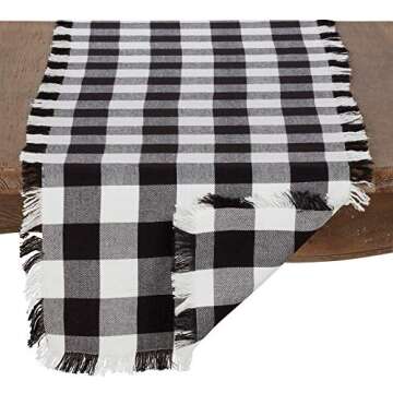 SARO LIFESTYLE - 9026.BK1672B SARO LIFESTYLE Birmingham Collection Fringed Buffalo Plaid Cotton Table Runner, 16" x 72", Black