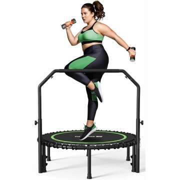 BCAN 450/550 LBS Foldable Mini Trampoline, 40"/48"/50" Fitness Trampoline with Bungees, U/T Shape Adjustable Foam Handle, Stable & Quiet Exercise Rebounder for Kids Adults Indoor/Garden Workout