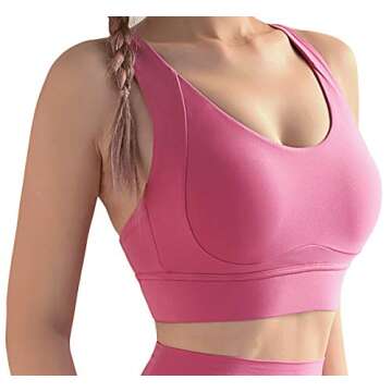 Kimmery Sports Bras for Women,Longline Strappy Back Support Padded Bralette Teen Girl Fashion Cute Push Up Running Fitness Bra Moisture-Wicking Cami with Built in Bra Pink S