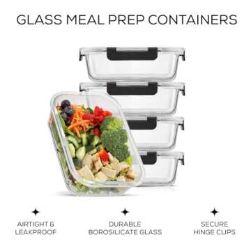 JoyJolt Glass Food Storage Containers with Lids. 5 Pack Glass Meal Prep Containers Reusable 35oz Single Compartment Airtight Container Set. Lunch Containers for Adults and Kitchen Storage Containers