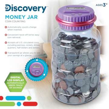 DISCOVERY KIDS Digital Coin-Counting Money Jar with LCD Screen, Keeps Track of Deposits, Battery Operated, Automatic Piggy Bank Savings for US Coins, Childrens Financial Educational Learning Tool Gift