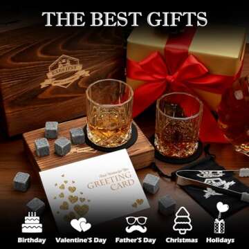 Whiskey Stones Gift Set - Whiskey Glass Set of 2 - Granite Chilling Whiskey Rocks - Scotch Bourbon Box Set -Christmas Birthday Gifts for Men Drinking Gift for Dad Him Husband Party Holiday Present