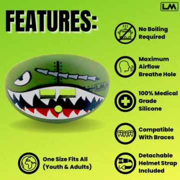 Loudmouth Football Mouth Guard | Military Flying Tiger Adult and Youth Mouth Guard | High Impact Mouth Piece for Sports | Dual Action Air Flow Mouth Guards | Pacifier Lip and Teeth Protector (Green)