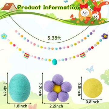 Easter Ball Garlands 2 Pieces Colorful Pom Pom Garlands Wool Felt Ball Garland Hanging Pom Pom Banner Decor Egg Felt Easter Garland Flower Easter Banner for Tree Home Yard Easter Party Decoration