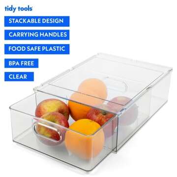 Tidy Tools Clear Plastic Refrigerator Organizer Bins With Pull-Out Drawer, Stackable Plastic Bins For Pantry Organization and Food Storage, Easy Kitchen and Pantry Storage Containers