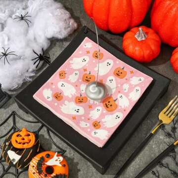 AnyDesign 80 Pack Pink Halloween Paper Napkins Cute Ghost Pumpkin Disposable Luncheon Dinner Napkins Decorative Party Napkins for Home Kitchen Bathroom Holiday Party Supplies, 6.5 x 6.5 Inch