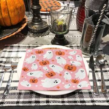 AnyDesign 80 Pack Pink Halloween Paper Napkins Cute Ghost Pumpkin Disposable Luncheon Dinner Napkins Decorative Party Napkins for Home Kitchen Bathroom Holiday Party Supplies, 6.5 x 6.5 Inch