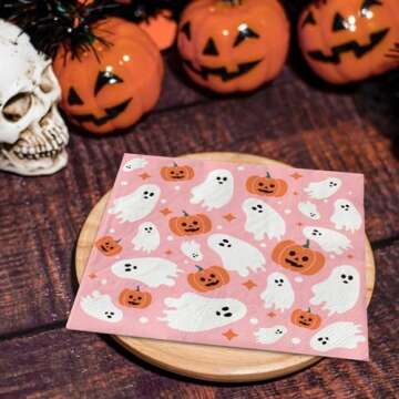 AnyDesign 80 Pack Pink Halloween Paper Napkins Cute Ghost Pumpkin Disposable Luncheon Dinner Napkins Decorative Party Napkins for Home Kitchen Bathroom Holiday Party Supplies, 6.5 x 6.5 Inch