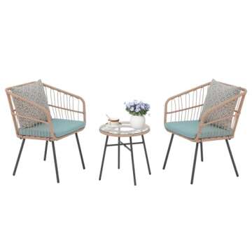 Super Patio 3 Piece Patio Set, Outdoor Furniture Wicker Bistro Set Rattan Chair Conversation Sets with Coffee Table and Cushions, Turquoise/Gray