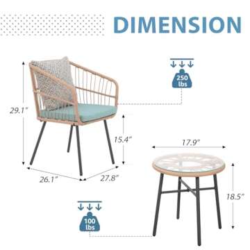 Super Patio 3 Piece Patio Set, Outdoor Furniture Wicker Bistro Set Rattan Chair Conversation Sets with Coffee Table and Cushions, Turquoise/Gray