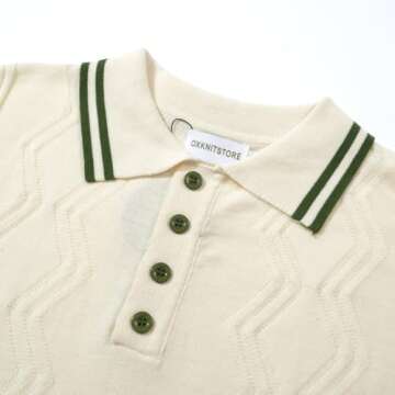 OXKNIT Men’s Knitted Vintage Polo Shirt, 1960s Mod Style Retro Polo Textures Shirt with Double Line Neck White