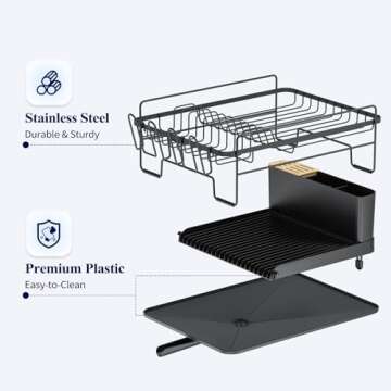 Kitsure Large Dish Drying Rack - Extendable Dish Rack, Multifunctional Dish Rack for Kitchen Counter, Anti-Rust Drying Dish Rack with Cutlery & Cup Holders 19.2"-26.7" L x 12.9" W, Black