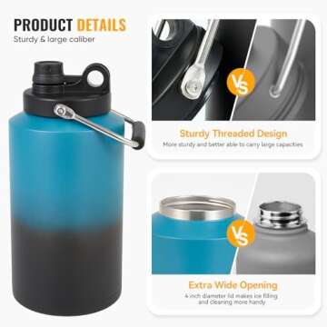 Kerilyn Insulated Gallon Jug with Handle, One Gallon, 128oz Stainless Steel, Large Double Vacuum Water Bottle for Hot & Cold Drinks, Wide Mouth, Sweat Proof, Great for Travel, Camping, Blue Gradient