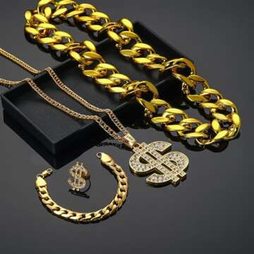 Acruccen 80s 90s Hip Hop Costume Outfit Jewelry Set,18K Gold Plated Dollar Sign Necklace,Dollar Sign Rings Adjustable,Chunky Gold Chain Necklace&Bracelet,Rapper Accessories for Men Women