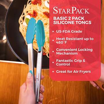 StarPack Basics Silicone Kitchen Tongs (9-Inch & 12-Inch) - Stainless Steel with Non-Stick Silicone Tips, High Heat Resistant to 480°F, For Cooking, Serving, Grill, BBQ & Salad (Teal Blue)