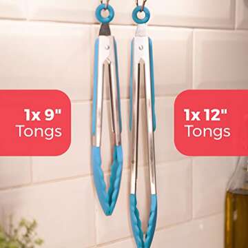 StarPack Basics Silicone Kitchen Tongs (9-Inch & 12-Inch) - Stainless Steel with Non-Stick Silicone Tips, High Heat Resistant to 480°F, For Cooking, Serving, Grill, BBQ & Salad (Teal Blue)