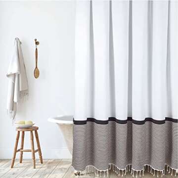 HALL & PERRY Modern Farmhouse Tassel Shower Curtain 100% Cotton Striped Fabric Shower Curtain with Tassels for Bathroom Décor (Tan, 72"x72")