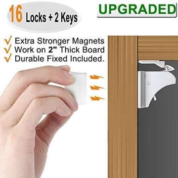 16 Pack Child Safety Magnetic Cabinet Locks - Vmaisi Children Proof Cupboard Baby Locks Latches - Adhesive for Cabinets & Drawers and Screws Fixed for Protection