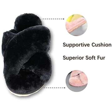 Crazy Lady Women's Fuzzy Fluffy House Slippers Cute Plush Memory Foam Shoes Cross Band Indoor Outdoor Open Toe Sandals(06/Black, 4.5-5)