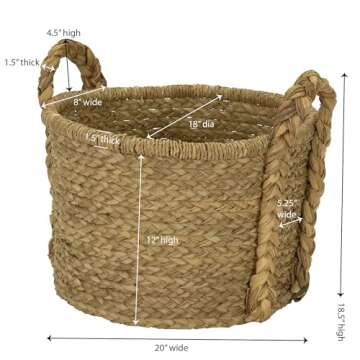 Household Essentials Large Wicker Floor Storage Basket with Braided Handle, Light Brown 19''x 25''