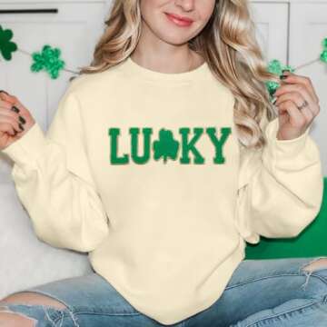 BANGELY Lucky St Patricks Day Sweatshirt Women Irish Clover Graphic Chenille Patch Shamrock Shirt Pullover Tops