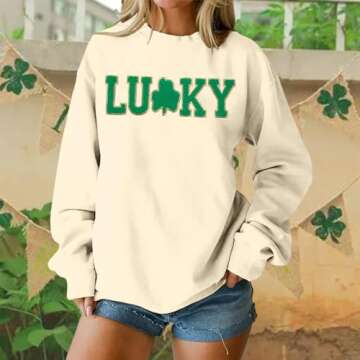 BANGELY Lucky St Patricks Day Sweatshirt Women Irish Clover Graphic Chenille Patch Shamrock Shirt Pullover Tops