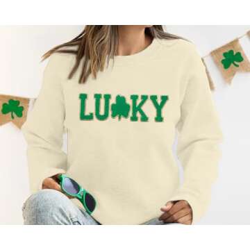 BANGELY Lucky St Patricks Day Sweatshirt Women Irish Clover Graphic Chenille Patch Shamrock Shirt Pullover Tops