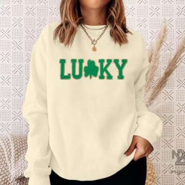 BANGELY Lucky St Patricks Day Sweatshirt Women Irish Clover Graphic Chenille Patch Shamrock Shirt Pullover Tops