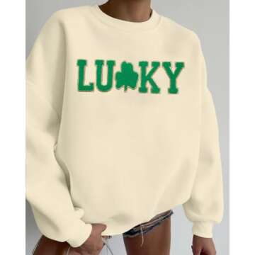 BANGELY Lucky St Patricks Day Sweatshirt Women Irish Clover Graphic Chenille Patch Shamrock Shirt Pullover Tops