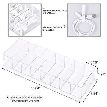 Yesesion Plastic Cable Management Box with 10 Wire Ties, Clear Power Cord Organizer with 8 Compartments, Electronics Organizer for Office, Home Use, Desk Accessories Storage for Stationery Supplies