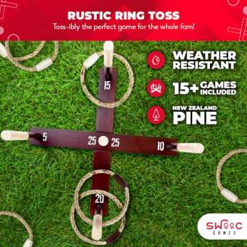 SWOOC Games - Rustic Ring Toss Game (All Weather) - Easy Setup & Extra Games Included - Ring Toss Game for Adults - Outdoor Games for Kids - Yard Games for Adults - Ring Hook Game - Game Room Games