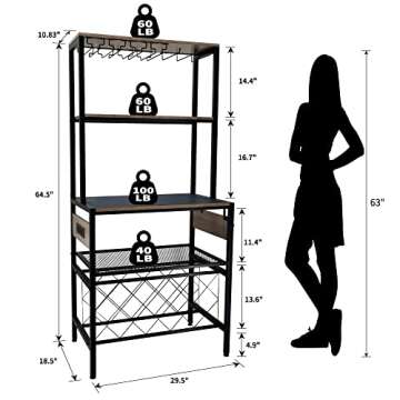 SUNTAGE Kitchen Baker's Rack with 4 Power Outlets, Freestanding Wine Bar Cabinet, Coffee Bar Table, Microwave Stand with Hooks, Glass Holders, Kitchen Storage Rack Gray Oak